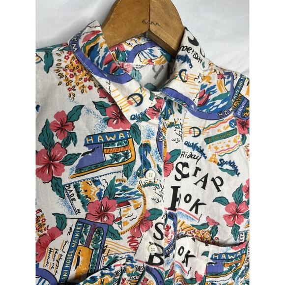 Camp Shirt Hawaii Vacay Scrap Book Travel Print Button Up Size M Vintage 1980s - Picture 3 of 10